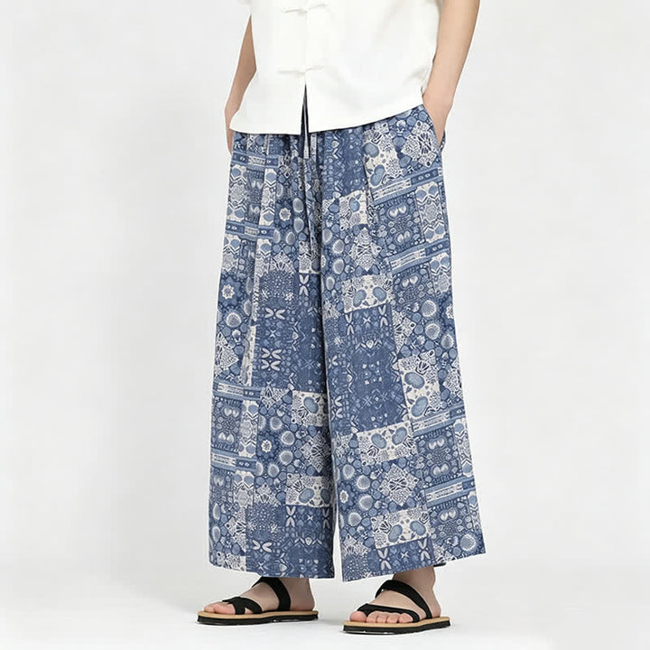 Buddha Stones Summer Boho Casual Drawstring Floral Capri Pants Men's Wide Leg Pants With Pocket - SteelBlue - US/UK/AU48, EU58 (5XL) - image 0