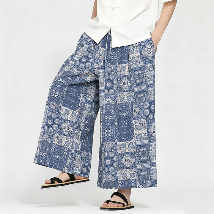 Buddha Stones Summer Boho Casual Drawstring Floral Capri Pants Men's Wide Leg Pants With Pocket - image 8
