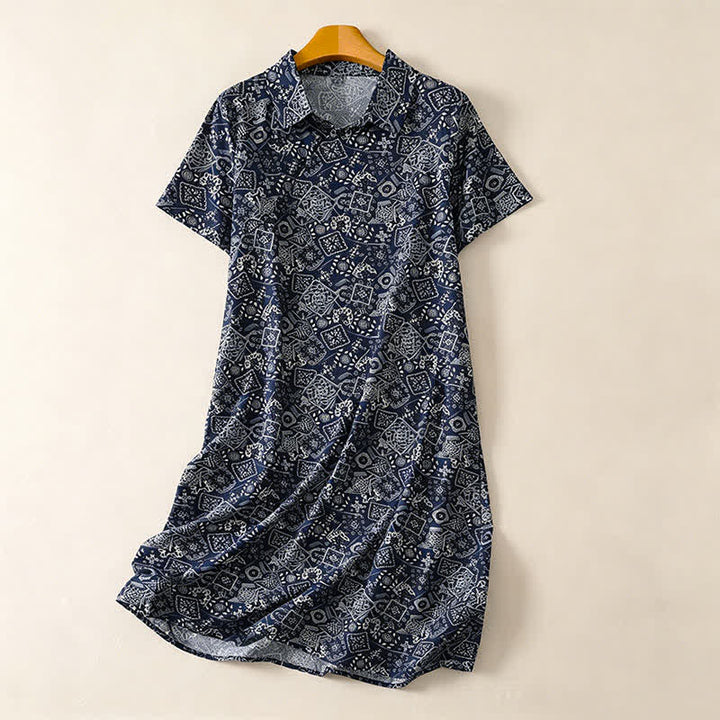 Buddha Stones Summer Casual Vintage Button-Up Geometric Women's Short Sleeve Knee Length Dress With Pockets - MidnightBlue - US12, UK/AU16, EU44 (2XL) - image 0