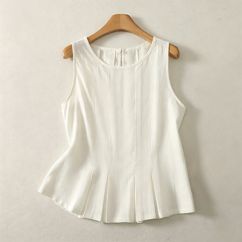 Buddha Stones Summer Elegant Pleated Solid Tank Top Vertical Seam Women's Sleeveless T-shirts - White - US8-10, UK/AU12-14, EU40-42 (2XL) - image 4