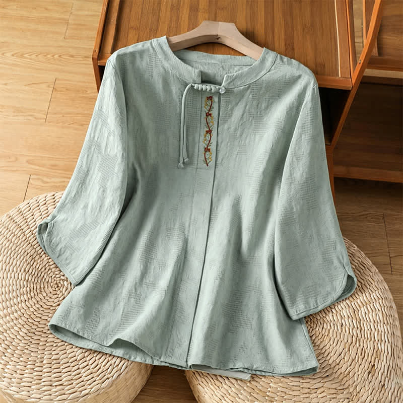 Buddha Stones Summer Boho Tang Style Embroidery Drawstring Solid Women's Short Sleeve Shirts - PaleGreen - US12, UK/AU16, EU44 (3XL) - image 0