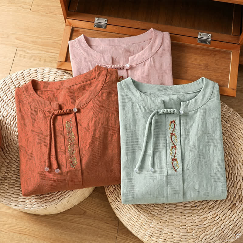 Buddha Stones Summer Boho Tang Style Embroidery Drawstring Solid Women's Short Sleeve Shirts - image 23