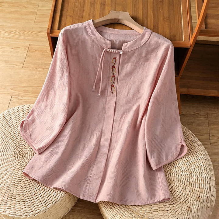 Buddha Stones Summer Boho Tang Style Embroidery Drawstring Solid Women's Short Sleeve Shirts - LightPink - US12, UK/AU16, EU44 (3XL) - image 6