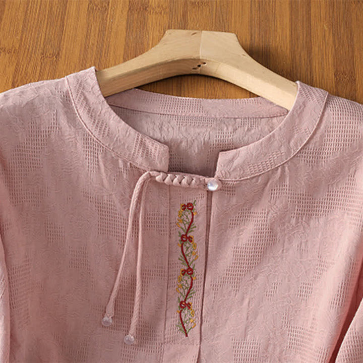 Buddha Stones Summer Boho Tang Style Embroidery Drawstring Solid Women's Short Sleeve Shirts - image 8