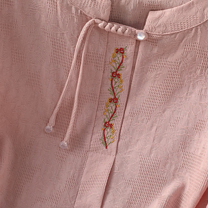 Buddha Stones Summer Boho Tang Style Embroidery Drawstring Solid Women's Short Sleeve Shirts - image 10