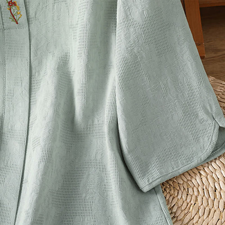 Buddha Stones Summer Boho Tang Style Embroidery Drawstring Solid Women's Short Sleeve Shirts - image 4