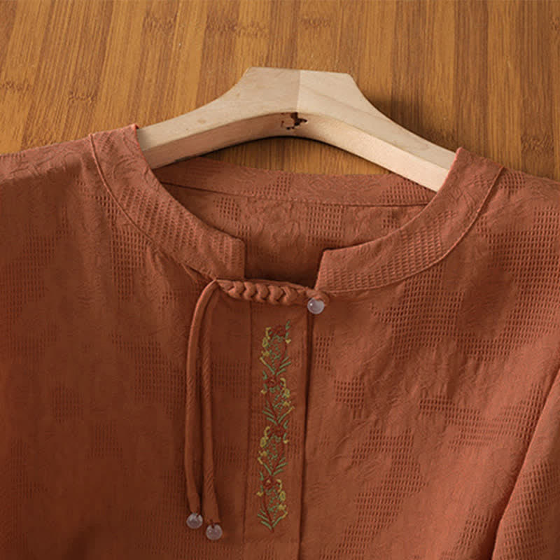 Buddha Stones Summer Boho Tang Style Embroidery Drawstring Solid Women's Short Sleeve Shirts - image 18