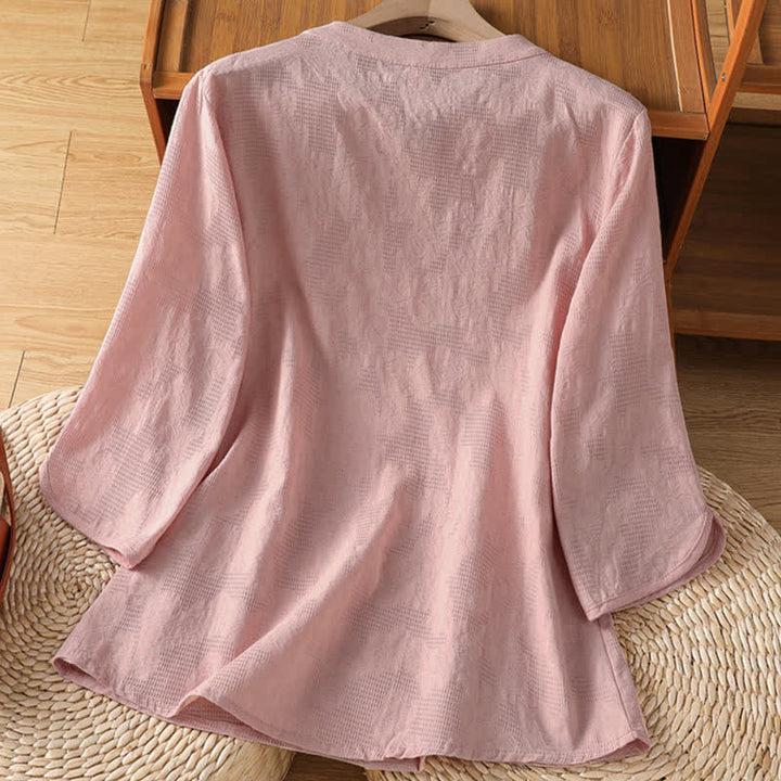 Buddha Stones Summer Boho Tang Style Embroidery Drawstring Solid Women's Short Sleeve Shirts - image 7