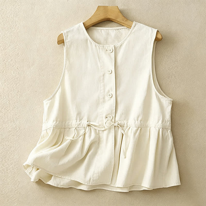 Buddha Stones Summer Casual Vintage Button-Up Drawstring Solid Tank Top Women's Sleeveless Shirts - Linen - US8-10, UK/AU12-14, EU40-42 (2XL) - image 13