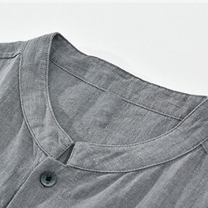 Buddha Stones Summer Vintage Mandarin Collar Button Up Solid Men's Short Sleeve Shirts With Pockets - image 2