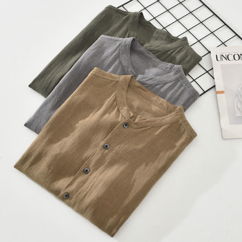 Buddha Stones Summer Vintage Mandarin Collar Button Up Solid Men's Short Sleeve Shirts With Pockets - image 14