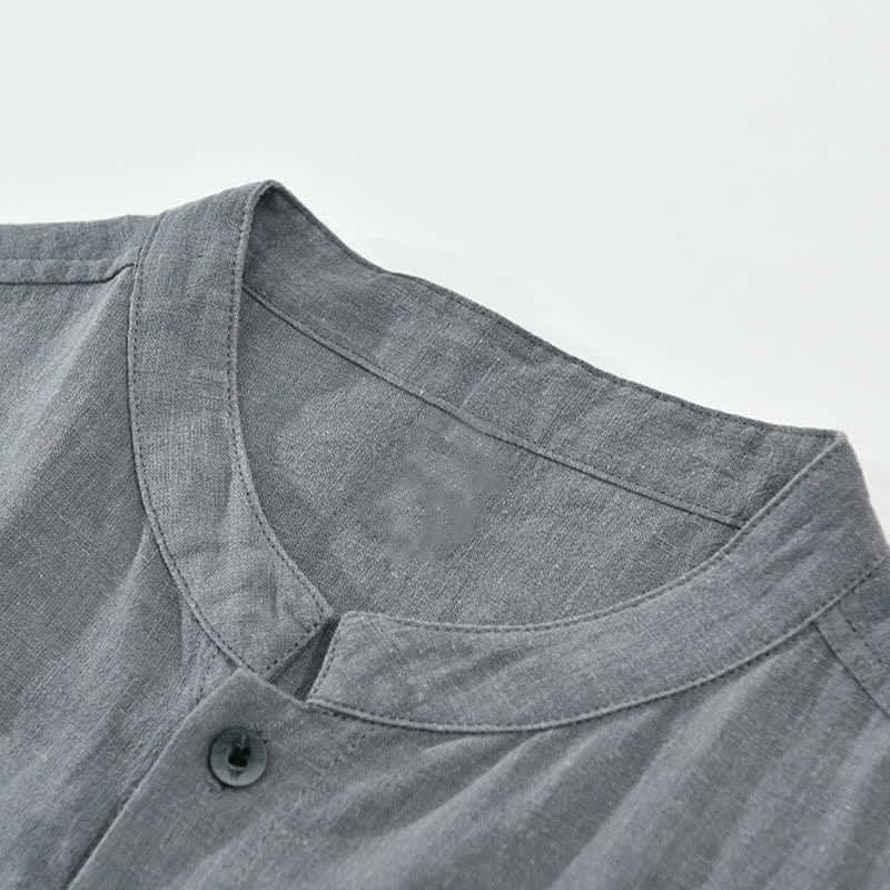 Buddha Stones Summer Vintage Mandarin Collar Button Up Solid Men's Short Sleeve Shirts With Pockets - image 3