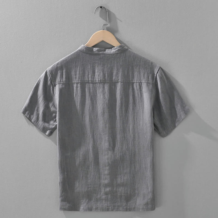Buddha Stones Summer Vintage Mandarin Collar Button Up Solid Men's Short Sleeve Shirts With Pockets - image 1