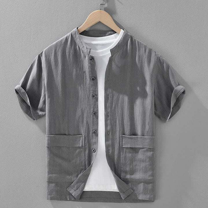 Buddha Stones Summer Vintage Mandarin Collar Button Up Solid Men's Short Sleeve Shirts With Pockets - Gray - US/UK/AU42，EU52 (3XL) - image 0