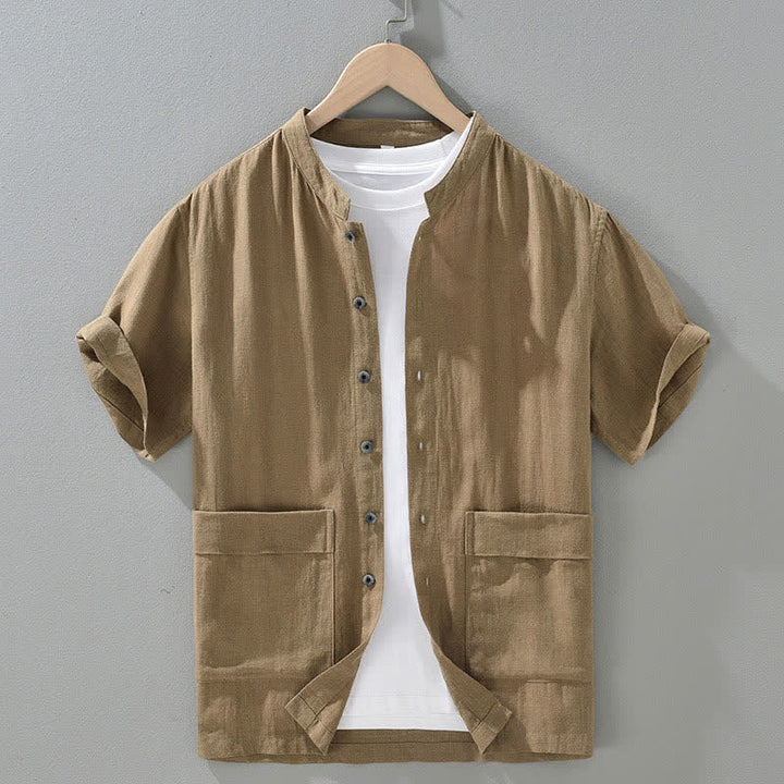 Buddha Stones Summer Vintage Mandarin Collar Button Up Solid Men's Short Sleeve Shirts With Pockets - DarkKhaki - US/UK/AU42，EU52 (3XL) - image 12