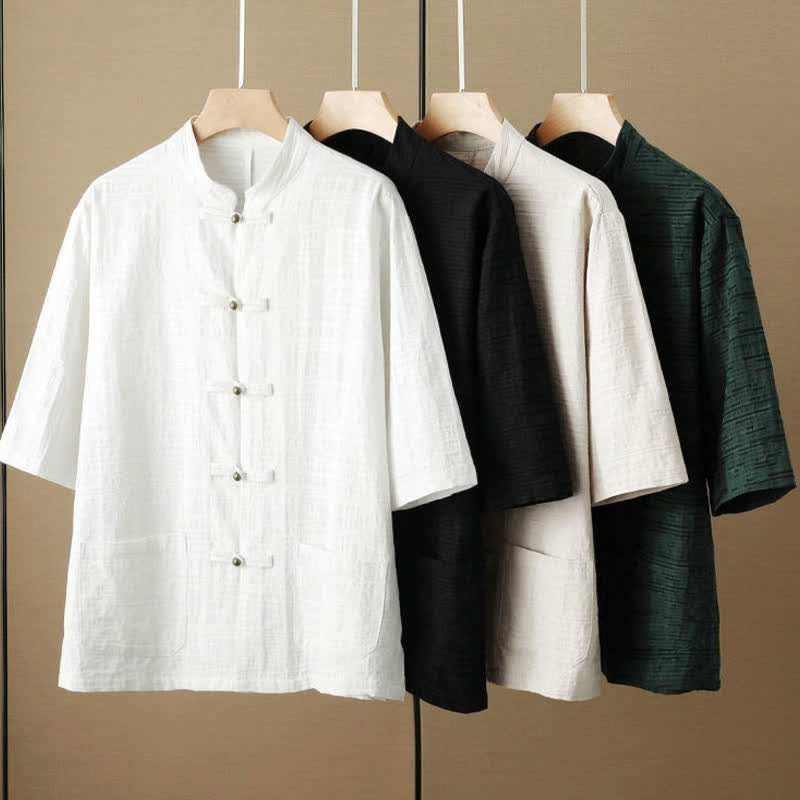 Buddha Stones Summer Tang Style Casual Mandarin Collar Frog Button Solid Men's Elbow-Length Sleeve Shirts With Pockets - image 10