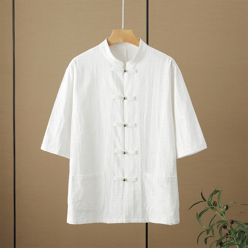 Buddha Stones Summer Tang Style Casual Mandarin Collar Frog Button Solid Men's Elbow-Length Sleeve Shirts With Pockets - White - US/UK/AU48，EU58 (6XL) - image 3