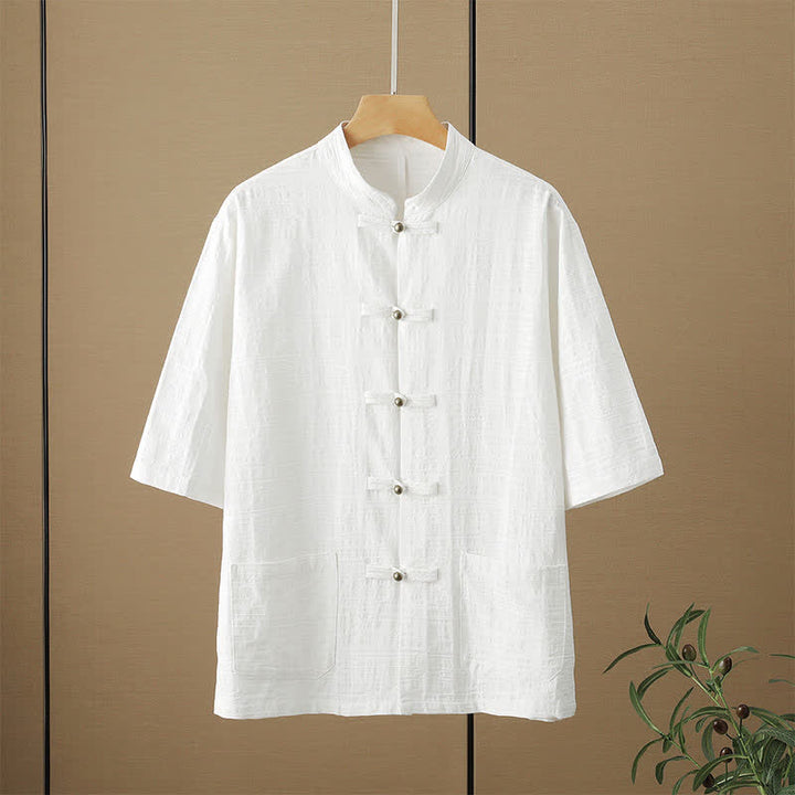 Buddha Stones Summer Tang Style Casual Mandarin Collar Frog Button Solid Men's Elbow-Length Sleeve Shirts With Pockets - White - US/UK/AU48，EU58 (6XL) - image 3