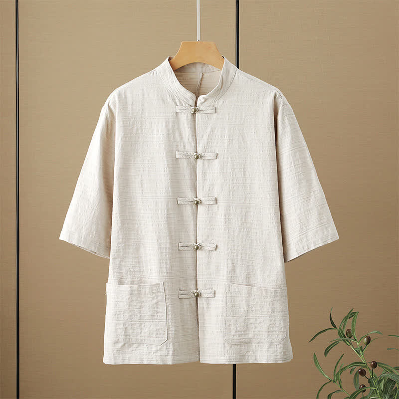Buddha Stones Summer Tang Style Casual Mandarin Collar Frog Button Solid Men's Elbow-Length Sleeve Shirts With Pockets - Beige - US/UK/AU48，EU58 (6XL) - image 1