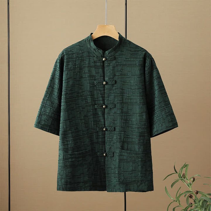 Buddha Stones Summer Tang Style Casual Mandarin Collar Frog Button Solid Men's Elbow-Length Sleeve Shirts With Pockets - DarkGreen - US/UK/AU48，EU58 (6XL) - image 0