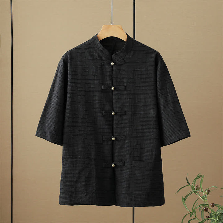 Buddha Stones Summer Tang Style Casual Mandarin Collar Frog Button Solid Men's Elbow-Length Sleeve Shirts With Pockets - Black - US/UK/AU48，EU58 (6XL) - image 2