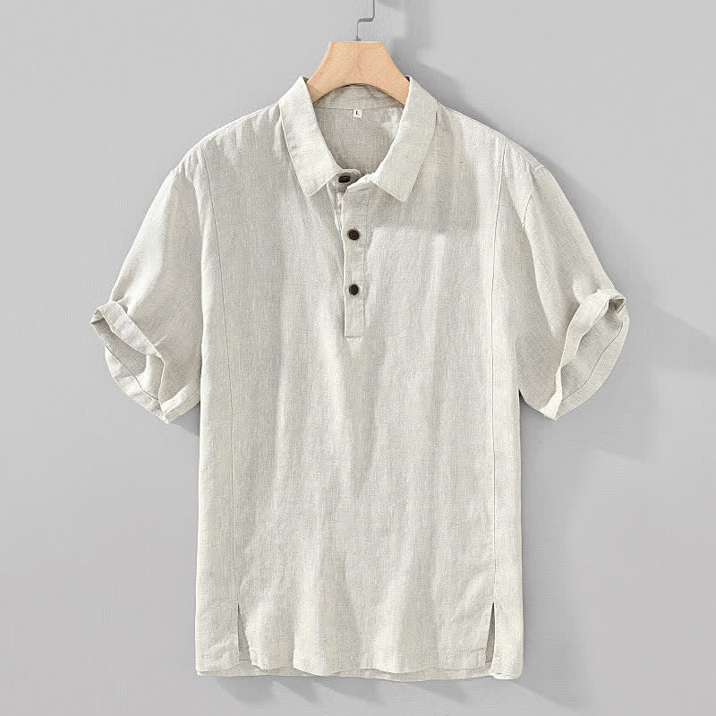 Buddha Stones Summer Casual Minimalist Button-Up Solid Linen Men's Short Sleeve Shirts - Linen - US/UK/AU44，EU54 (4XL) - image 3