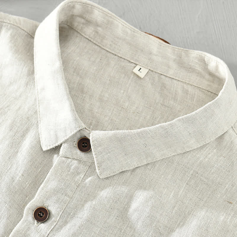 Buddha Stones Summer Casual Minimalist Button-Up Solid Linen Men's Short Sleeve Shirts - image 4