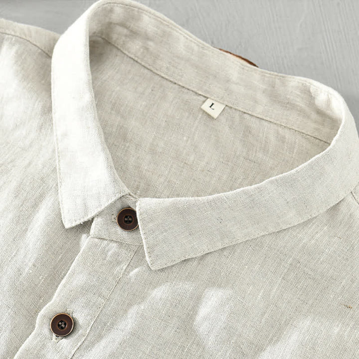Buddha Stones Summer Casual Minimalist Button-Up Solid Linen Men's Short Sleeve Shirts - image 4