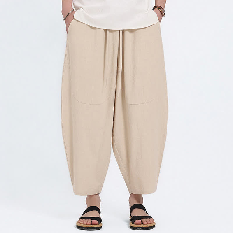 Buddha Stones Summer Casual Drawstring Solid Cotton Linen Capri Pants Men's Harem Pants With Pockets - Beige - US/UK/AU46，EU56 (5XL) - image 15