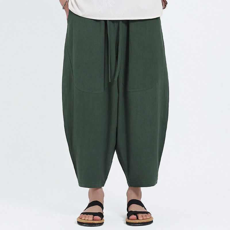 Buddha Stones Summer Casual Drawstring Solid Cotton Linen Capri Pants Men's Harem Pants With Pockets - image 1