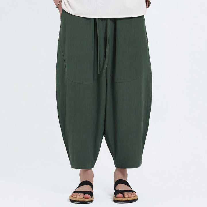Buddha Stones Summer Casual Drawstring Solid Cotton Linen Capri Pants Men's Harem Pants With Pockets - image 1