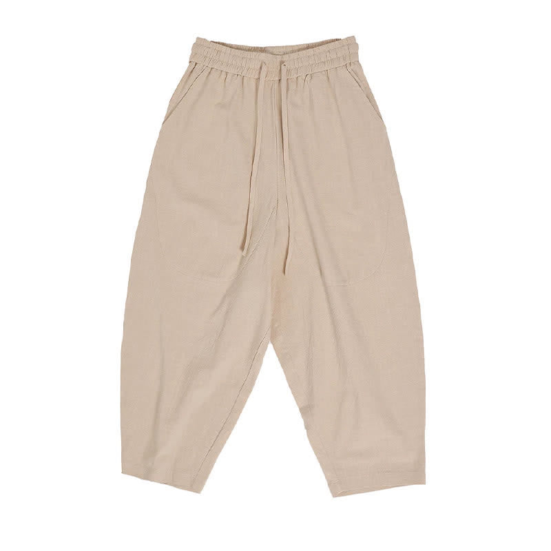 Buddha Stones Summer Casual Drawstring Solid Cotton Linen Capri Pants Men's Harem Pants With Pockets - image 17