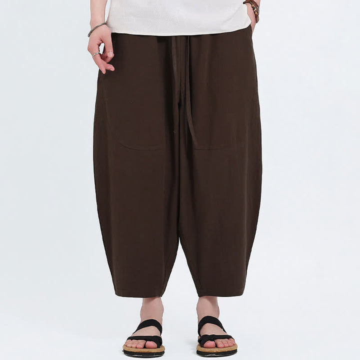 Buddha Stones Summer Casual Drawstring Solid Cotton Linen Capri Pants Men's Harem Pants With Pockets - image 14