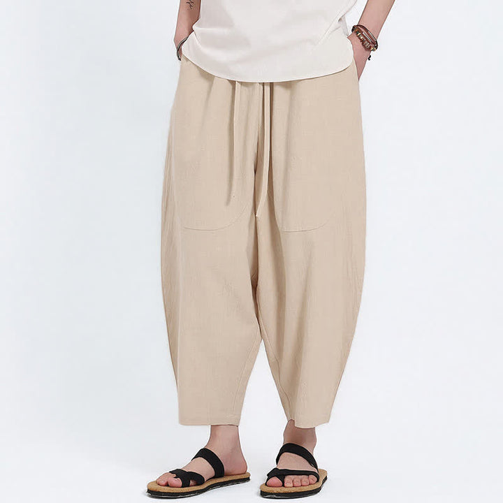 Buddha Stones Summer Casual Drawstring Solid Cotton Linen Capri Pants Men's Harem Pants With Pockets - image 18