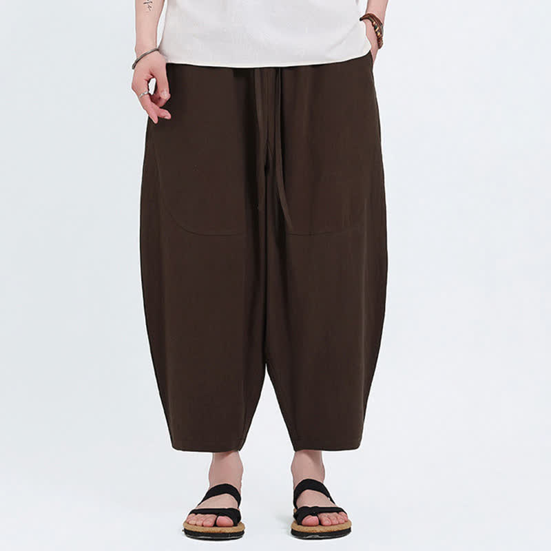 Buddha Stones Summer Casual Drawstring Solid Cotton Linen Capri Pants Men's Harem Pants With Pockets - SaddleBrown - US/UK/AU46，EU56 (5XL) - image 7