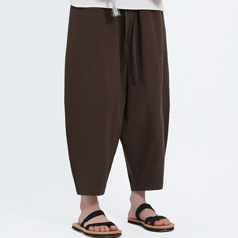 Buddha Stones Summer Casual Drawstring Solid Cotton Linen Capri Pants Men's Harem Pants With Pockets - image 9