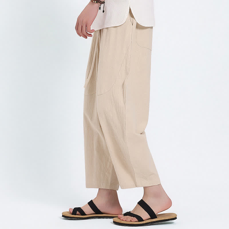 Buddha Stones Summer Casual Drawstring Solid Cotton Linen Capri Pants Men's Harem Pants With Pockets - image 21