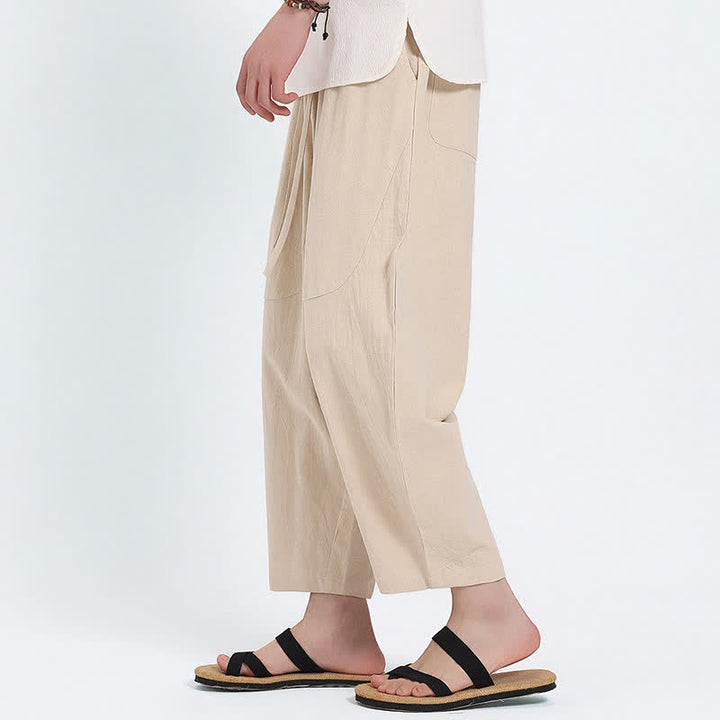 Buddha Stones Summer Casual Drawstring Solid Cotton Linen Capri Pants Men's Harem Pants With Pockets - image 21