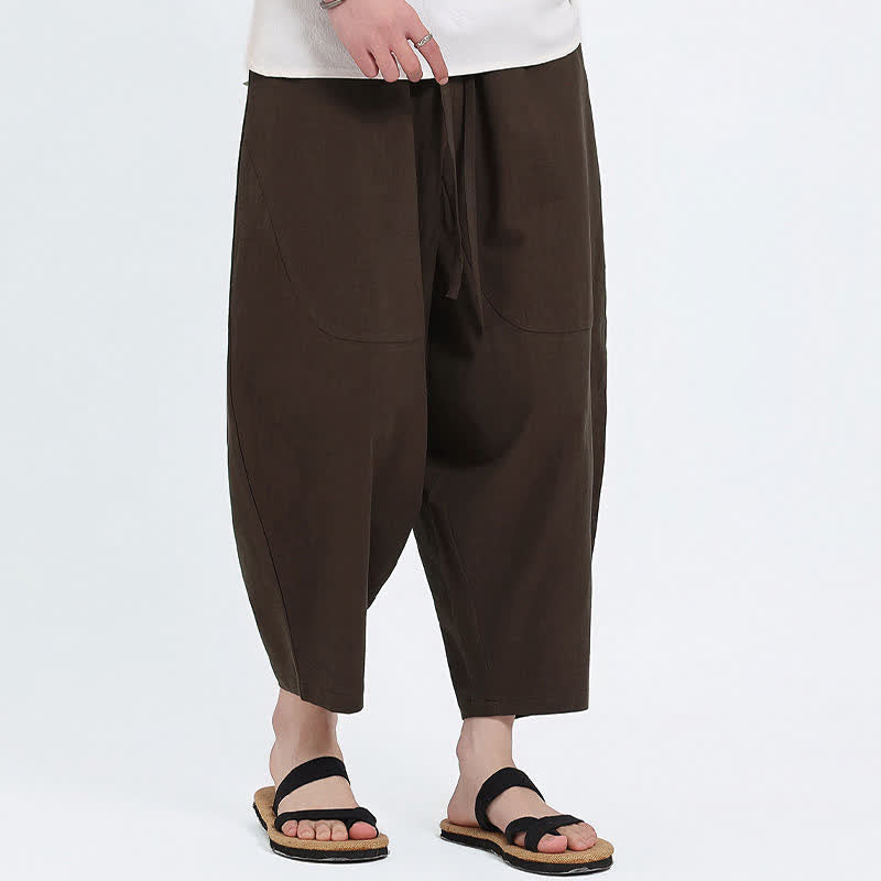 Buddha Stones Summer Casual Drawstring Solid Cotton Linen Capri Pants Men's Harem Pants With Pockets - image 8