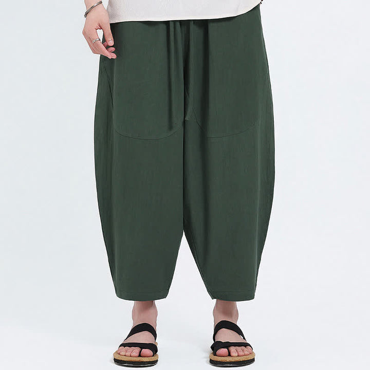 Buddha Stones Summer Casual Drawstring Solid Cotton Linen Capri Pants Men's Harem Pants With Pockets - image 3