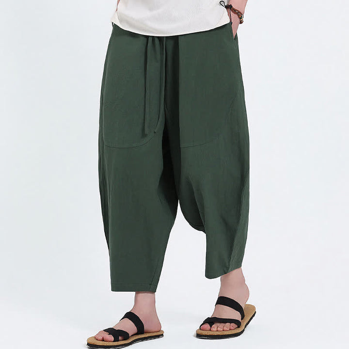 Buddha Stones Summer Casual Drawstring Solid Cotton Linen Capri Pants Men's Harem Pants With Pockets - image 2