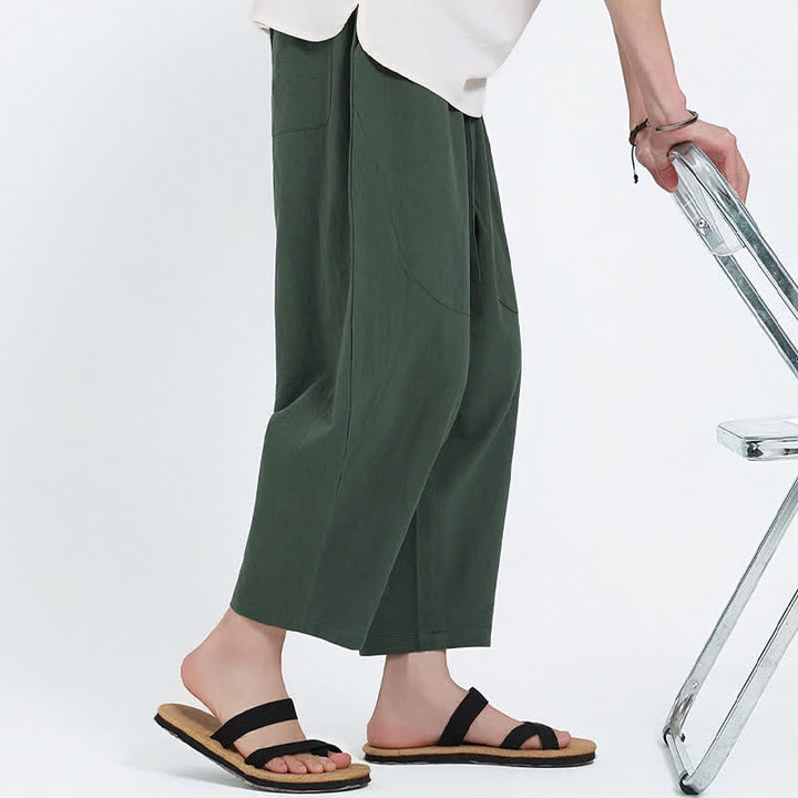Buddha Stones Summer Casual Drawstring Solid Cotton Linen Capri Pants Men's Harem Pants With Pockets - image 5