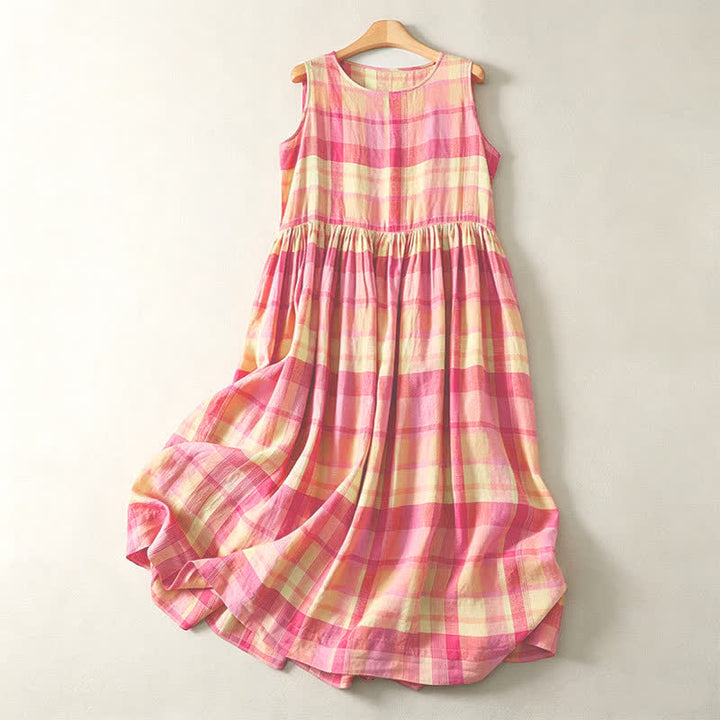 Buddha Stones Summer Casual Vintage Plaid Women's Summer Sleeveless Dresse With Pocket - RosyBrown - US12, UK/AU16, EU44 (2XL) - image 0