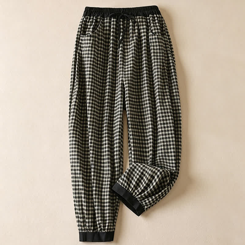 Buddha Stones Summer Casual Minimalist Plaid Drawstring Cropped Pants Women's Harem Pants With Pocket - White - US8-10, UK/AU12-14, EU40-42 (2XL) - image 0