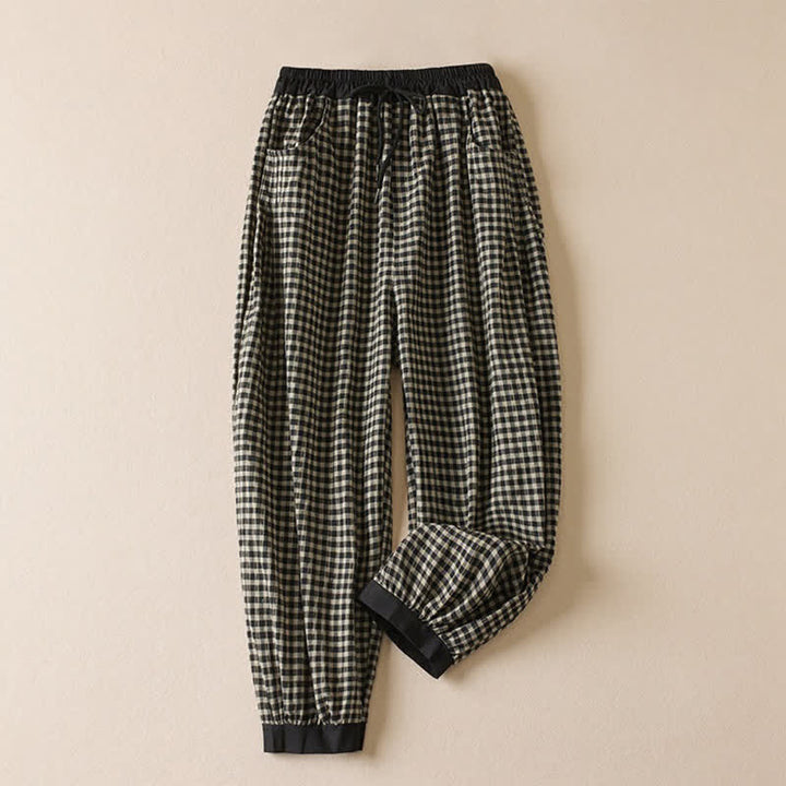 Buddha Stones Summer Casual Minimalist Plaid Drawstring Cropped Pants Women's Harem Pants With Pocket - image 1