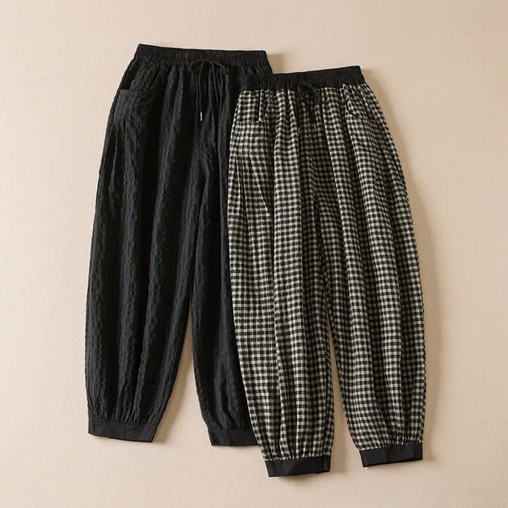 Buddha Stones Summer Casual Minimalist Plaid Drawstring Cropped Pants Women's Harem Pants With Pocket - image 10