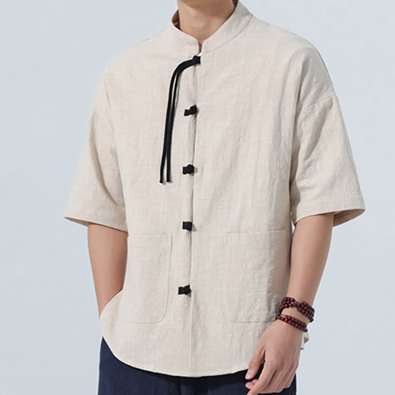 Buddha Stones Summer Tang Style Casual Mandarin Collar Frog Button Solid Men's Elbow-Length Sleeve Shirts With Pocket - image 16