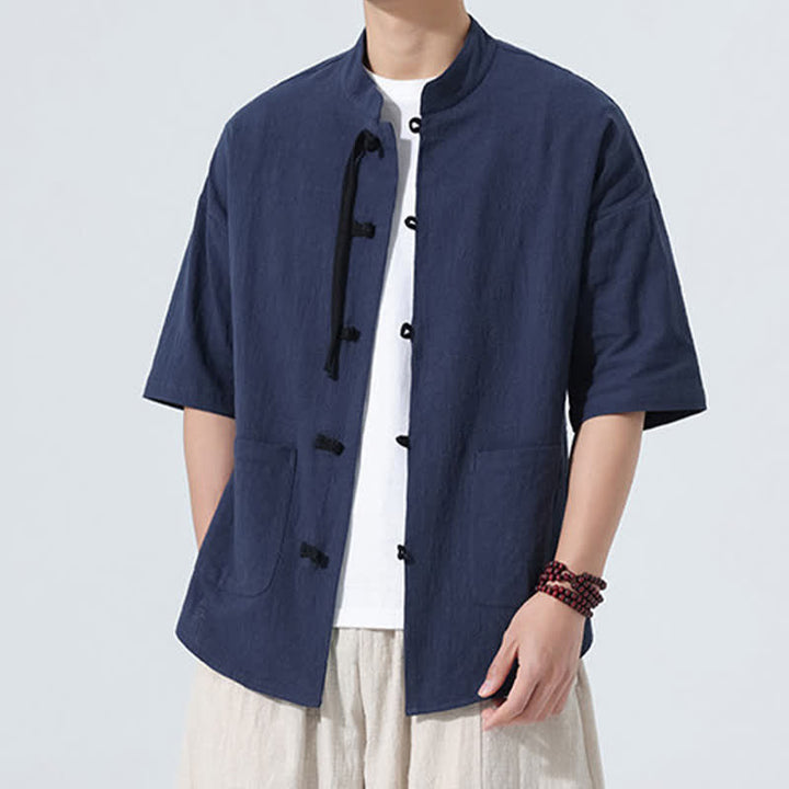 Buddha Stones Summer Tang Style Casual Mandarin Collar Frog Button Solid Men's Elbow-Length Sleeve Shirts With Pocket - image 4