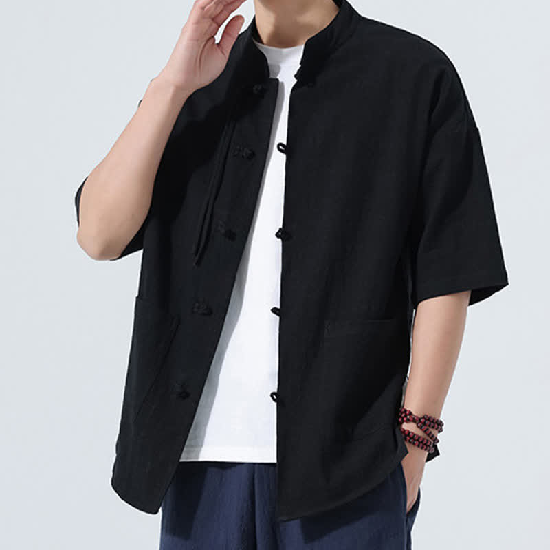 Buddha Stones Summer Tang Style Casual Mandarin Collar Frog Button Solid Men's Elbow-Length Sleeve Shirts With Pocket - image 12