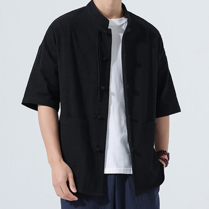 Buddha Stones Summer Tang Style Casual Mandarin Collar Frog Button Solid Men's Elbow-Length Sleeve Shirts With Pocket - Black - US/UK/AU46，EU56 (5XL) - image 7